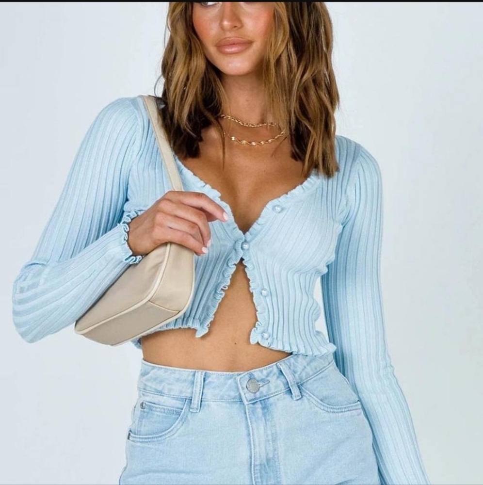 Princess Polly Light Blue Ribbed Button-Up Crop Top